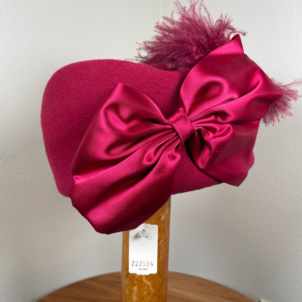 Vtg Mr.Charles Felted Wool Kentucky Derby Feather Plume Bow Cap Hat Pink